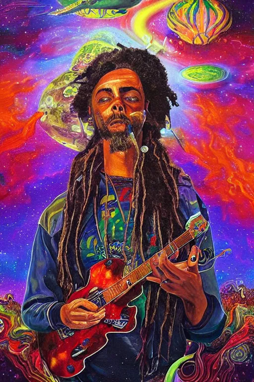 Image similar to a high hyper detailed painting with many complex textures of damian marley making music in the cosmos, cosmic surreal psychedelic magic realism spiritual ufo art