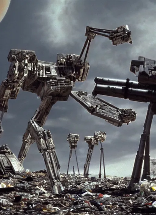 Image similar to screenshot of a wide shot looking up at a star wars AT-ST on a trash planet, from the 1970s film by Stanley Kubrick, brutal, iconic scene, stunning cinematography, hyper-detailed, sharp, anamorphic lenses, kodak color, 4k, stunning