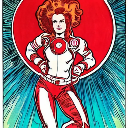 Prompt: a woman with red hair, floating in space. she is an astronaut, wearing a space suit. well composed, clean elegant painting, beautiful detailed face. comic book art by steve ditko and jack kirby and ( alphonse mucha )