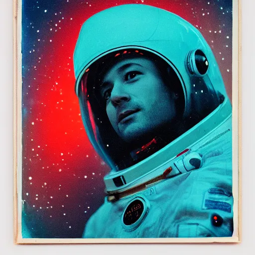 Prompt: analog portrait of a beautiful man in a space suit, stars and planets visible, warm azure tones, red color bleed, film grain