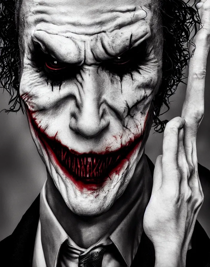 Image similar to a really creepy photography of joker the batman nemesis, hyper realistic, ultra detailed, portrait photo, black background, horror,