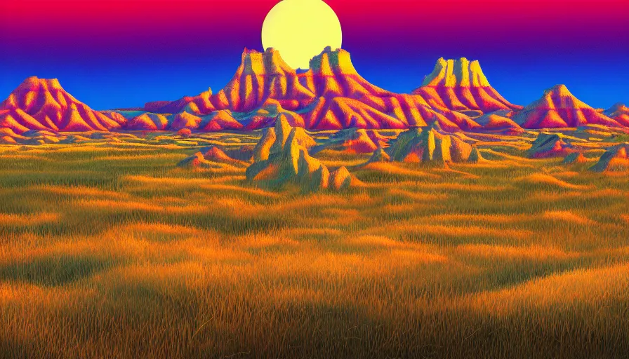 Prompt: a retrowave style artwork of badlands national park, a land of the dead, divine, hazy, volumetric lighting, spacetime bending, very detailed, serene, gold accents, washed out colors, beautiful artwork, master level composition, raytracing