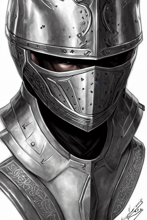 Image similar to profile of paladin knight wearing full helmet and scale mail armor, character concept art, intricate details, highly detailed photorealistic portrait in the style of adam hughes, seseon yoon, artgerm and warren louw