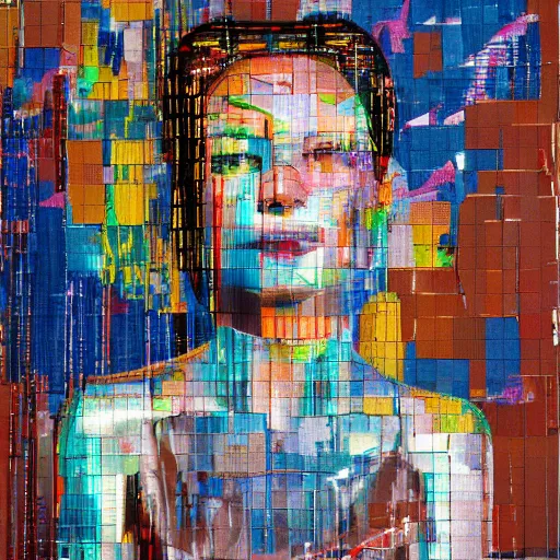 Image similar to woman cyborg, led display on forehead, mimmo rotella, alan bean, john chamberlain, peter kemp