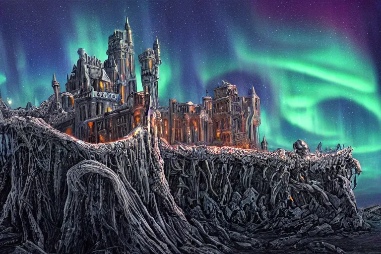 Image similar to highly detailed photoreal eldritch biomechanical castle on a cliff, aurora borealis, psychedelic