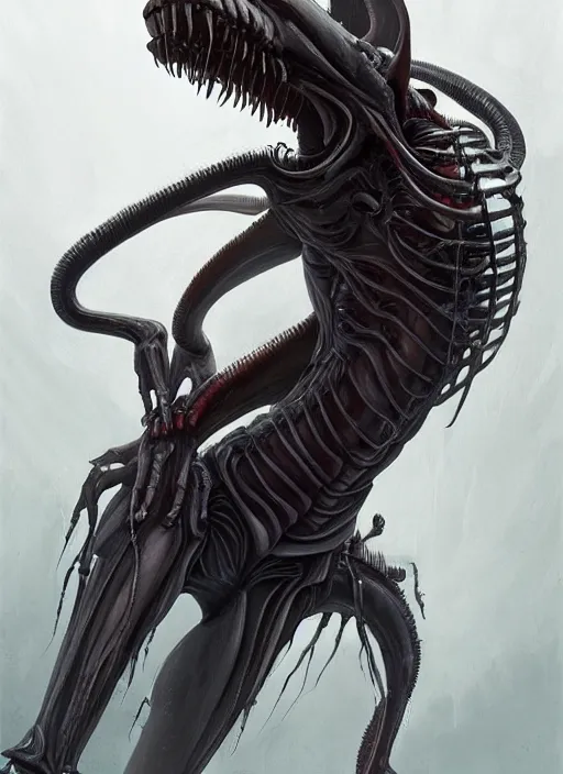 Image similar to a digital painting of a symmetric xenomorph, by netter, muscular, deadly, style from greg rutkowski, beautiful eyes, long hair, full frame, oil painting, featured on artstation, concept art, smooth, sharp focus, illustration, very detailed, ambient lighting, unreal engine render, concept art by Atey Ghailan, by Loish, by Bryan Lee O'Malley