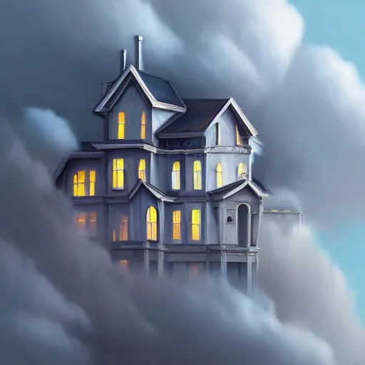 Image similar to A hyperdetailed digital oil painting of a house in the clouds,ladder,cartoon, Trending on ArtStation and DeviantArt