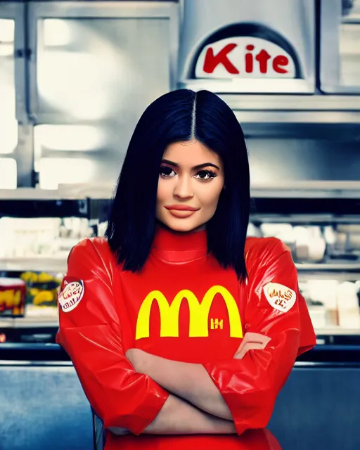 Prompt: film still of kylie jenner as a McDonald's worker, vibrant high contrast, octane, arney freytag, cinematic, portrait, backlit, rim lighting, 8k