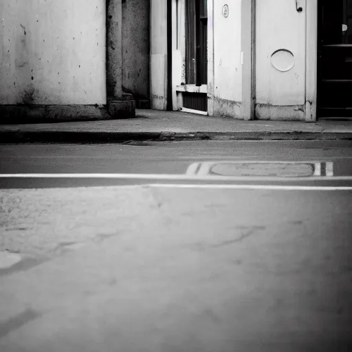 Image similar to 4x5 styled street photography, abstract scene, 35mm lens, black & white, pastel colours, grainy, bokeh, depth of field, dreamy, rule of thirds