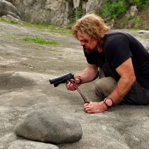 Prompt: neanderthal discovering a pistol near a rock on the ground.