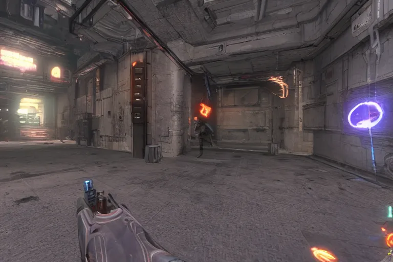 Image similar to Diamanda Galas NPC in a cyberpunk FPS game from 2003, gameplay screenshot, first-person POV