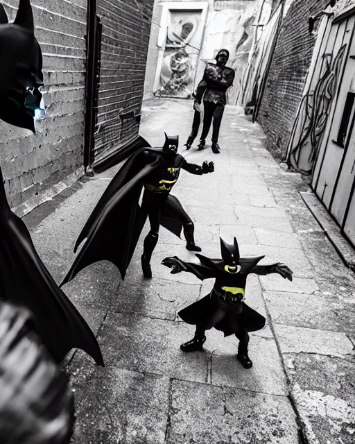 Image similar to batman beating up crying children in an alleyway, everyone having fun, toy product advertisement, photography, canon
