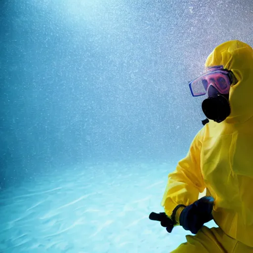 Prompt: a man wearing a hazmat suit, underwater, bubbles, low depth of field