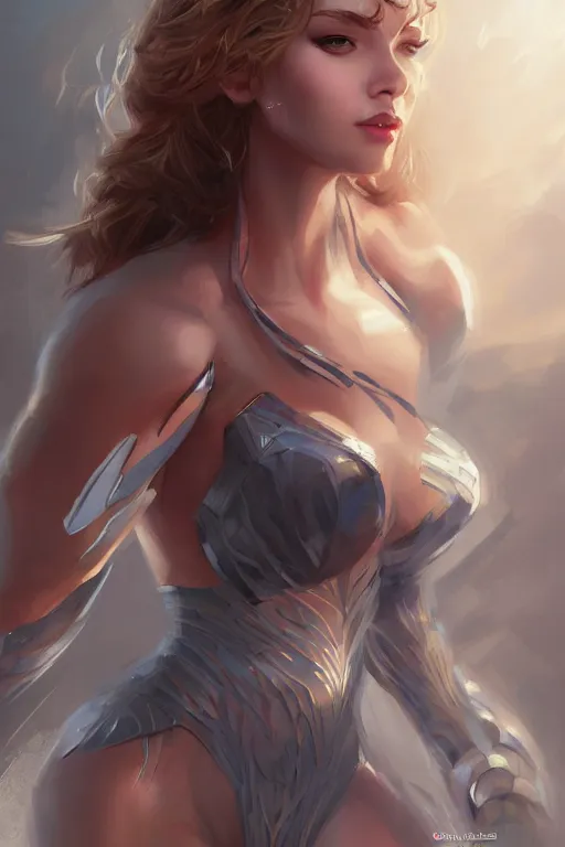 Image similar to three-quarters portrait pose of a beautiful woman, strong body,super heroine costume, human super powers, fantasy, intricate, elegant, highly detailed, digital painting, artstation, concept art,shining, sharp focus,D&D, illustration, art by Stanley Lau