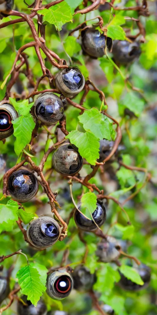 Prompt: conical, shouldered cluster of eyeballs hanging from a vine