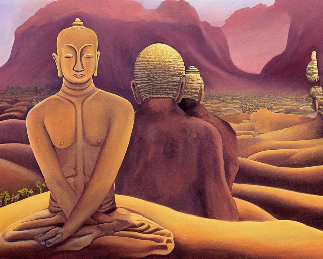 Prompt: a surreal painting of a man meeting giant buddahs eyes in the desert