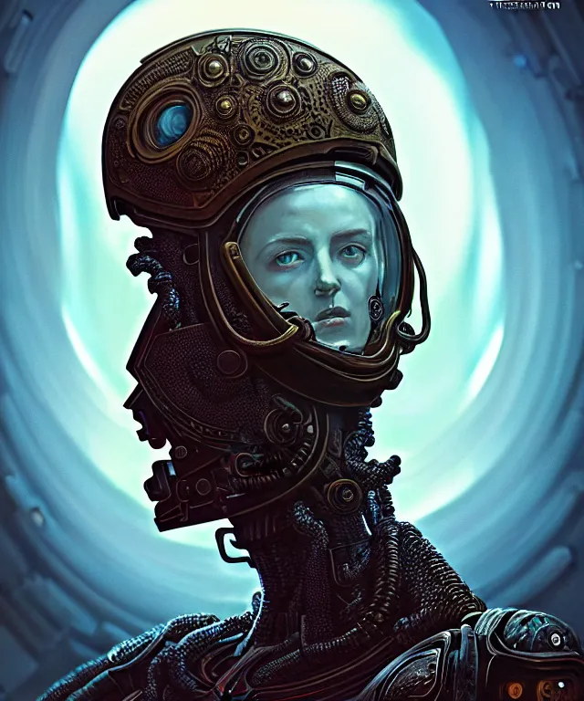 Prompt: realistic portrait of a retro futuristic female soldier fused with the thing and a lovecraft monster, with ornate vintage armour and open helmet, still from a movie by Terrence Malick, Tarkovsky, Gaspar Noe, James Cameron, intricate artwork by Tooth Wu and wlop and beeple, greg rutkowski, very coherent symmetrical artwork, cinematic, hyper realism, high detail, octane render, unreal engine, 8k, Vibrant colors, Smooth gradients, High contrast, depth of field