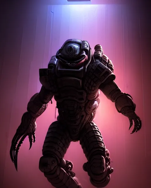 Image similar to Sci-Fi Crocodile alien, armored, big, art by Kashin, Wadim, Martinière, Stephan, holding rifle, sharp focus, pitch black cursed evil Spaceship hallway, dark light, soft purple glow, heroic pose, sci-fi artwork, octane render, dead space artwork, cyberpunk, warm light, occult, magical, volumetric lighting, 8k high definition, highly detailed, trending on art Station, centered, by Greg Rutkovski, sci-fi artwork, arnold render