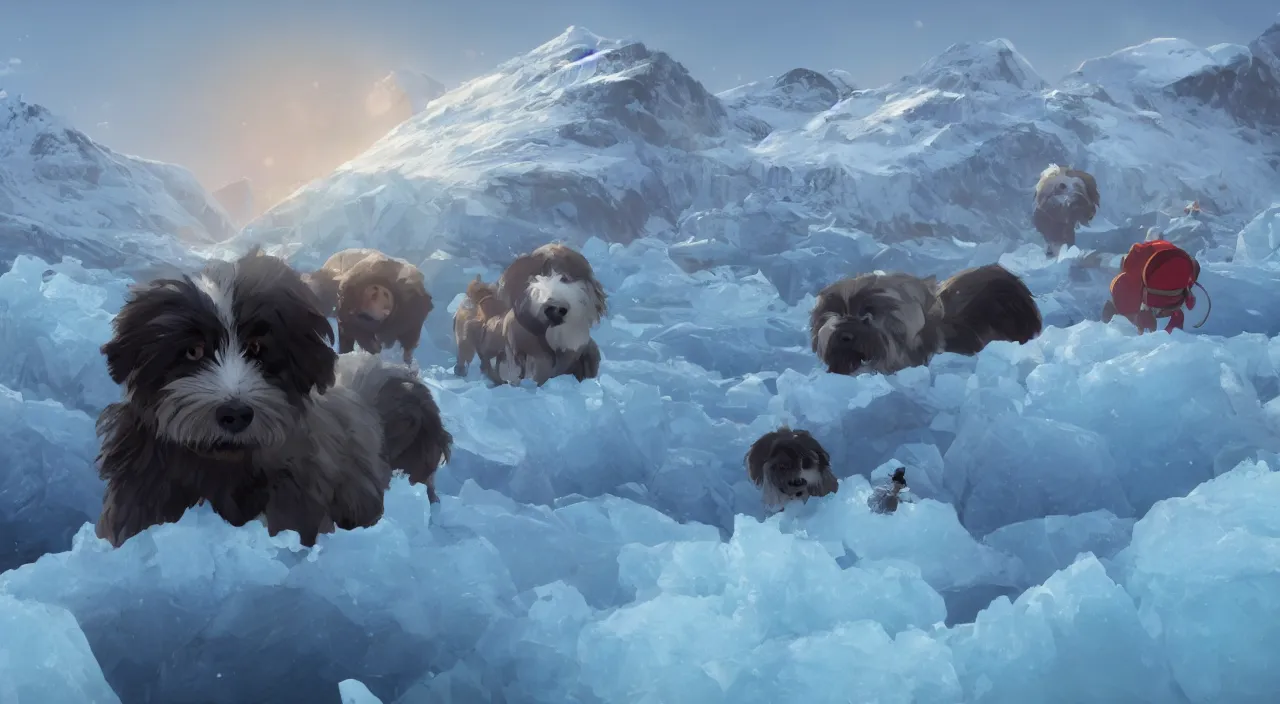 Prompt: havanese dogs and arctic explorers, crossing glaciers, 1 9 0 0, tartakovsky, atey ghailan, goro fujita, studio ghibli, rim light, harsh midday lighting, clear focus, very coherent