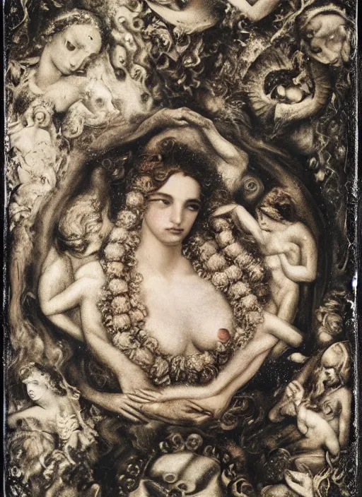 Image similar to old wetplate daguerreotype portrait of birth of venus, explosion of data fragments, fractal, intricate, elegant, highly detailed, parallax, leica, medium format, subsurface scattering, portrait, elegant, highly detailed, matte painting, by stanley spencer