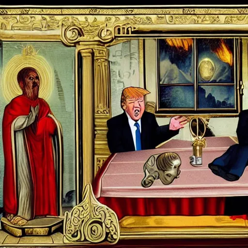 Prompt: lucifer and donald trump in a monastery yelling