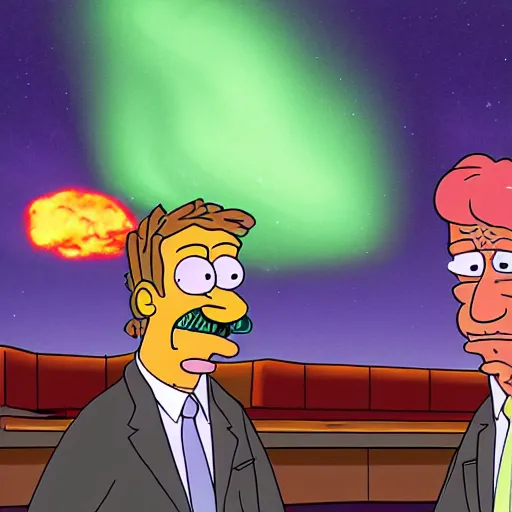 Image similar to scene depicting seymour skinner serving up steamed hams while the aurora borealis reflects in the other room, cartoon, realistic studio lighting, hand sketched colour,