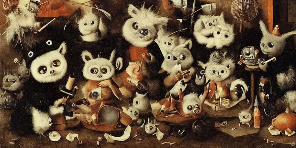 Prompt: a small group of furbies smoking weed!!!!! ( ( ( hieronymus bosch painting ) ) ) furbies with realistic bongs!! smoking pipes!! and joints!!, smoke! fills the air of a small room, studio lighting