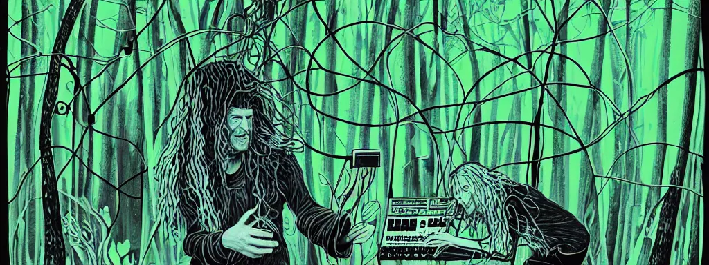 Image similar to a grunge technogaianist long-haired blonde digital musician playing modular synthesizer in the forest, technology and nature swirling in harmony, plugging vines into the synthesizer, trees swaying to the beat, postmodern surrealist concert poster, grainy poster art, hand drawn matte painting by Tara McPherson and Gary Houston, smooth, sharp focus, extremely detailed, 50mm.