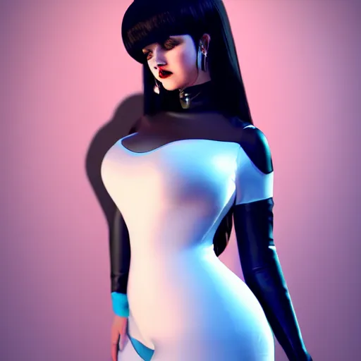 Image similar to curvy feminine hot goth cutie in a sublime elegant polished white latex neck-high gown with cyan trim and latex leggings, thin waist, cgsociety, photorealistic, comfy ambience, idealistic, 16k, smooth, sharp focus, trending on ArtStation, volumetric lighting, fully clothed, worksafe