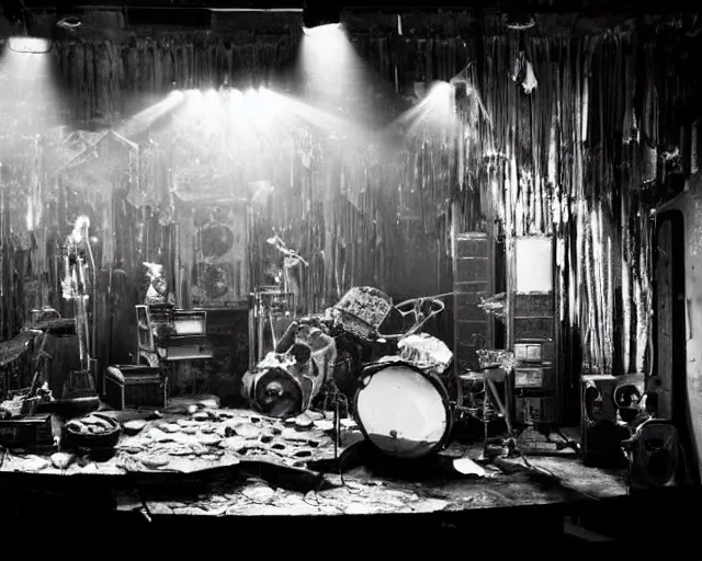 Prompt: diorama of a stage at a basement club, muted lights, broken vintage computers and antique instruments, scattered glass shards, centered, composition by Manu Chao, 8k, concert documentary, b&w photography, cinematography by Jim Jarmusch, set design by Hundertwasser
