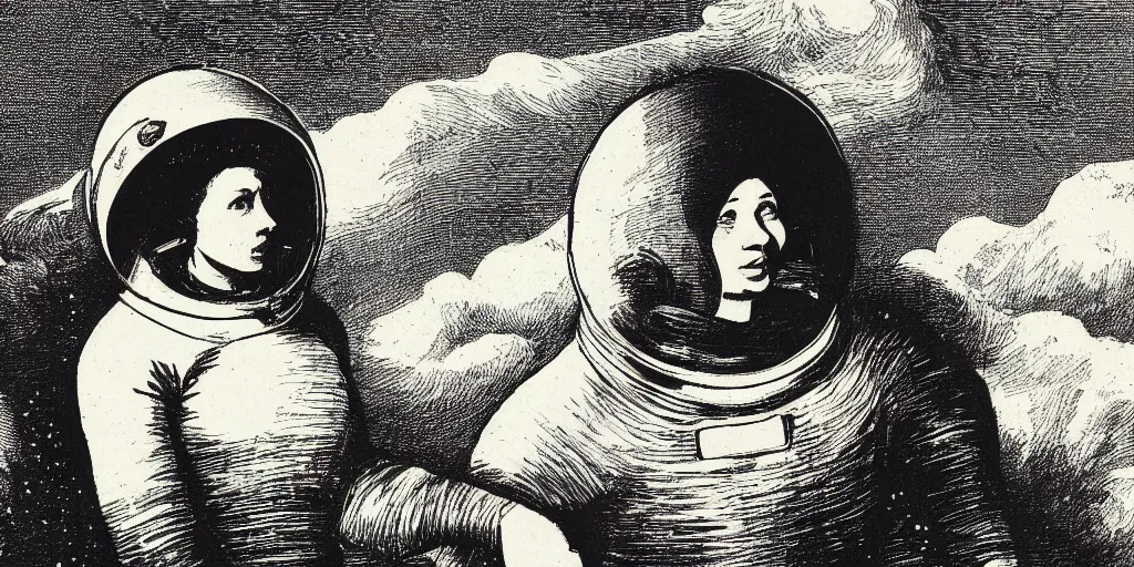 Image similar to portrait of a slim woman wearing a space helmet on an alien planet, clouds visible, stars in the sky, mountains, etching, in the style of Goya