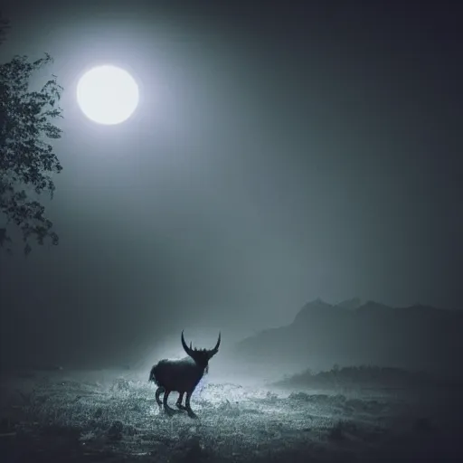 Prompt: a mythical demon roaming a village in nepal at night, very scary photo, moonlit