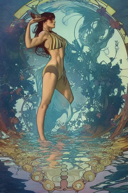 Prompt: swimming through time, by artgerm and moebius and alphonse mucha, hyperdetailed, dc comics, explosions in the sky, trending on artstation