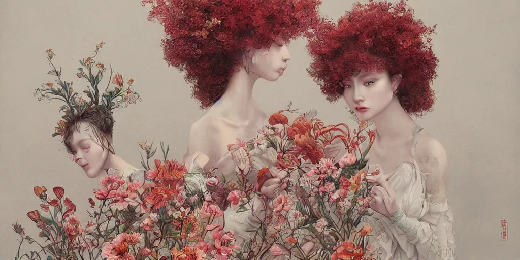 Image similar to breathtaking detailed concept art painting blend of red short curly hair goddesses of flowers by hsiao - ron cheng with anxious piercing eyes, vintage illustration pattern with bizarre compositions blend of flowers and fruits and birds by beto val and john james audubon, exquisite detail, extremely moody lighting, 8 k