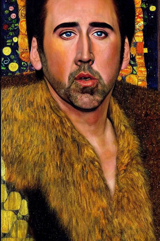 Prompt: Portrait of Nicolas Cage, beautiful art, painted by gustav klimt