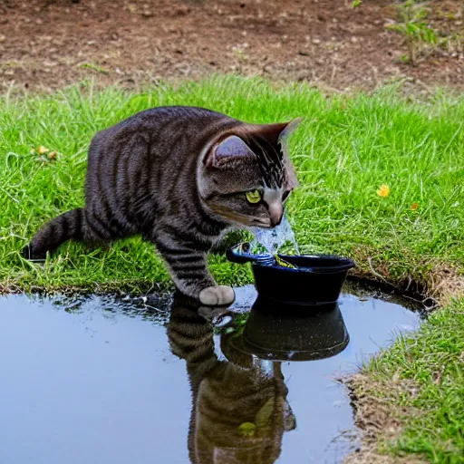 Prompt: cat drinking water out of a pond