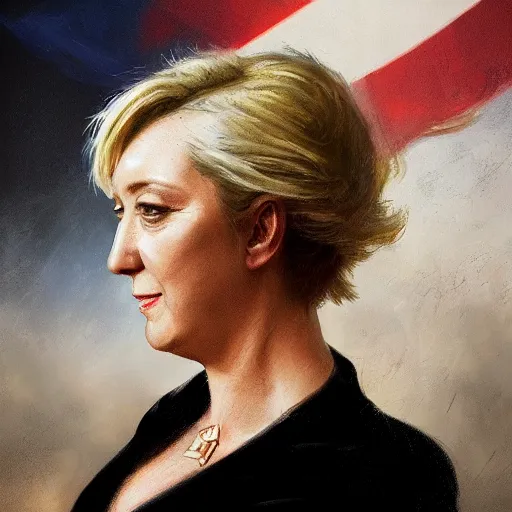 Image similar to Portrait of Marine le Pen , french revolution, amazing splashscreen artwork, splash art, head slightly tilted, natural light, elegant, intricate, fantasy, atmospheric lighting, cinematic, matte painting, detailed face, by Greg rutkowski