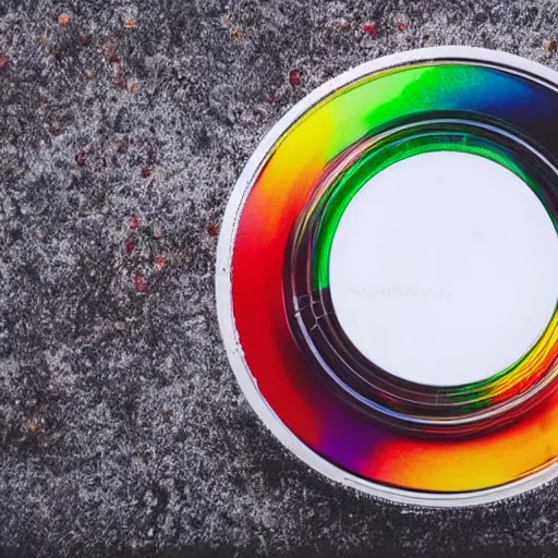 Prompt: birds eye view wide angle portrait of a beautiful, colorful, cd case on a blank white table with a cd that is reflecting a lot of color off of it and has a red sticker on the case, detailed, award winning, 8 5 mm, bokeh