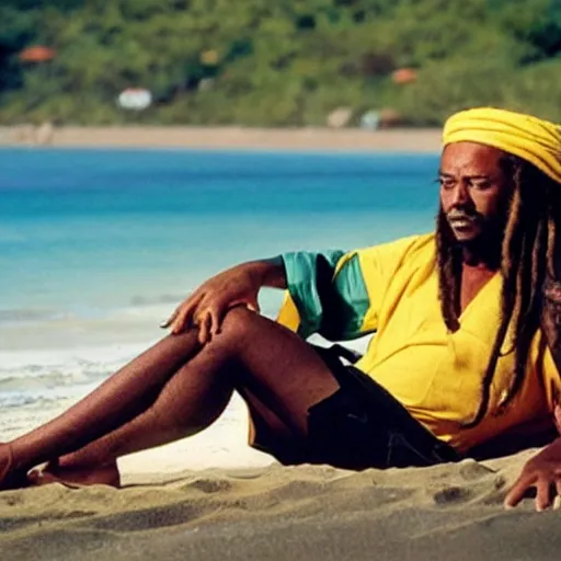 Image similar to rastafarian donald trump lounging on the beach.