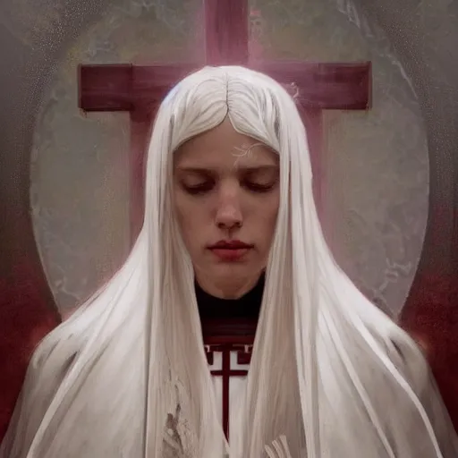 Image similar to portrait of a beautiful ethereal delicate meditative catholic bishopric sacred pose catholic steps of the cross, white hair with big black and red horn, intricate, elegant, highly detailed, digital painting, artstation, concept art, smooth focus et sharp, illustration, art by krenz cushart and artem demura and alphonse mucha