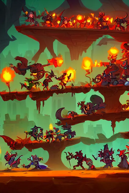 Image similar to side scroller 2d game by dead cells artist Rendering with several goblins . full of details, by squaresoft and Rayman legends , Matte painting, trending on artstation and unreal engine