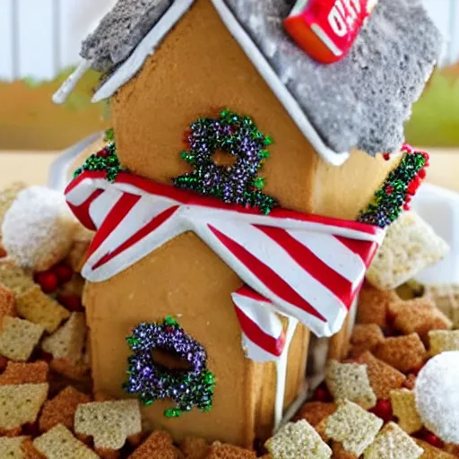Prompt: a cinnamon - toast - crunch house, party platter, arranged to look like a house, for the holidays