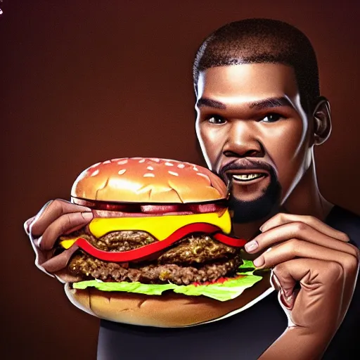 Image similar to portrait photography of Kevin Durant eating a giant hamburger, extra ketchup and mustard with overflowing bacon lettuce and tomato, cinematic lighting, highly detailed, feminine ethereal, D&D, hearthstone, digital painting, artstation, concept art, smooth, sharp focus, illustration, art by Terry Moore and Greg Rutkowski and Alphonse Mucha