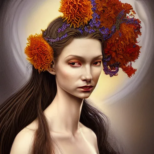 Image similar to facial portrait of a young gorgeous woman in flowing sensual dress, arrogant, long fine flowing hair, delicate, looking at camera, slightly awkward smile, realistic face, hands behind back, stylish, elegant, grimdark fantasy, flowers, extremely detailed painting inspired by Gerald Brom and Ernst Haeckel and Kaluta, studio lighting