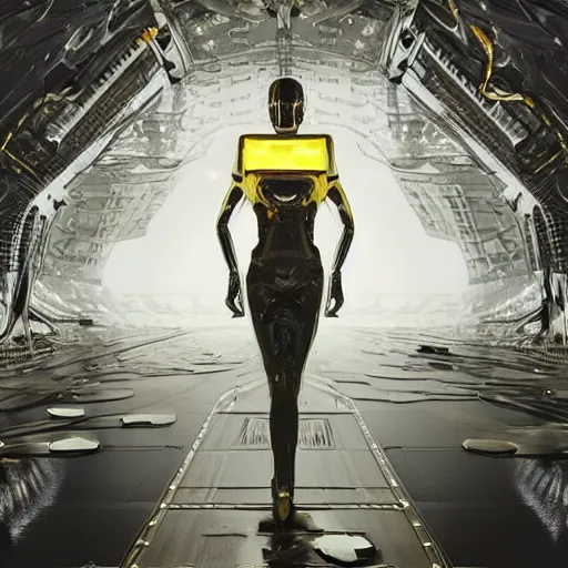 Image similar to digital sci-fi oily airport architecture motherboard cpu in liquid on the coronation of napoleon painting, on moon with medium size woman walking with black background. unreal engine 5, keyshot, octane, artstation trending, by Zaha Hadid style architecture, by Matrix film color, high contrast pinterest black plastic, dark atmosphere pinterest tilt shift, 4k, 8k, 16k.