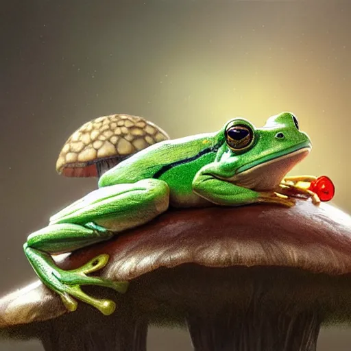 Image similar to a frog sitting on a mushroom, intricate, highly detailed, digital painting, artstation, concept art, smooth, sharp focus, illustration, unreal engine 5, 8 k, art by artgerm and greg rutkowski and alphonse mucha