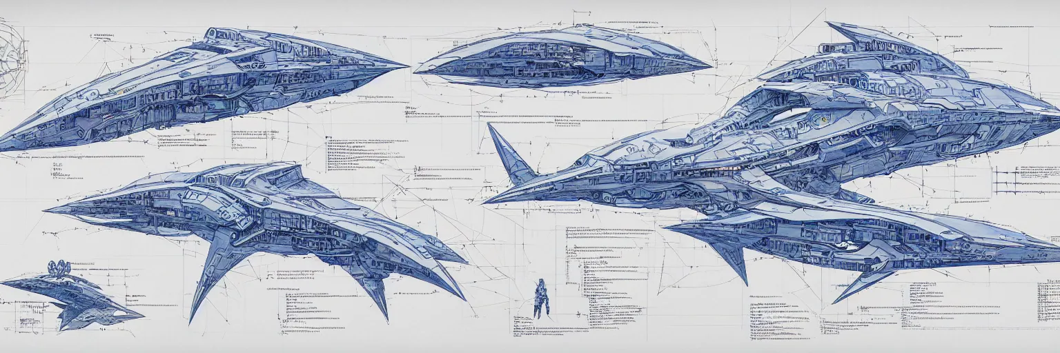 Image similar to blueprint for a sentient starship, technical drawing with annotations and notes in the margins, algorithms and physics equations, concept design by peter mohrbacher and craig mullins and hiroshi yoshida and james jean and frank frazetta and michael whelan and andreas rocha