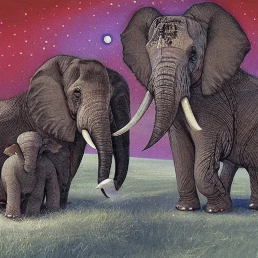 Image similar to two adult elephants and a baby elephant sleeping soundly under a starry sky surrounded by savannah, illustration, detailed, smooth, soft, warm, by Adolf Lachman, Shaun Tan