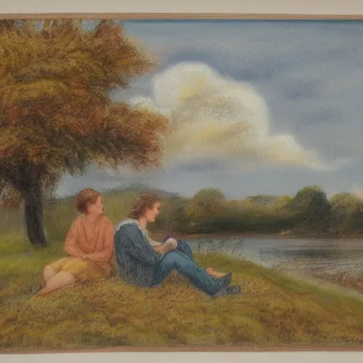 Prompt: landscape pastel of tiny young man with long brown hair and woman with long light brown hair, arms around him, laying under a tree looking at clouds autumn, ( ( ( wearing jeans ) ) ), by charles sillem lidderdale.