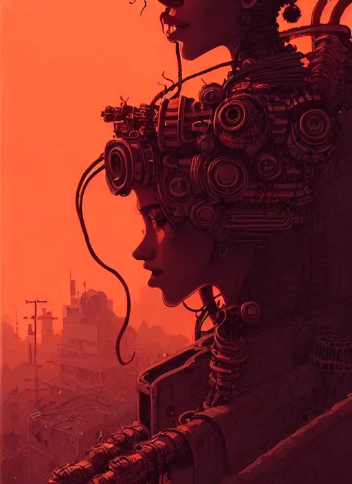 Image similar to highly detailed portrait of wasteland punk long curly fire hair tribal lady, stray wiring by atey ghailan, james gilleard, by joe fenton, by greg rutkowski, by greg tocchini, by kaethe butcher, 4 k resolution, gradient red, orange, black and white color scheme!!! ( ( burning flaming robotic dystopian city background ) )